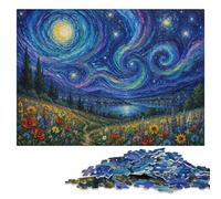 Floral Field Under Swirling Night Sky Jigsaw Puzzle for Adults, 1000 Pieces | Border-first building - a simple way to organise the image on quiet evenings.