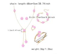 Floral Five Leaf Clover Necklace and Earring Set for Women, Alloy Construction Pendant Jewelry with 68cm Chain Length (Pink)