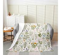 Floral Flannel Fleece Blanket, Rusric Flower Daisy Dandelion Throw Blanket, Farmhouse Botanicalative Plush Blanket for Kids Girls Boys Green Cream Fuzzy Blanket Double 60x79 Inch