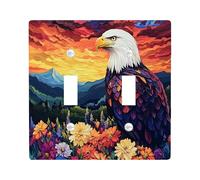 Floral Flower Eagle Decorative Light Switch Cover Wall Plate 2 Gang Double Toggle, Mountain Forest Scene Hawks Electrical Faceplate for Kitchen Bathroom, Falcons Switchcover Decor