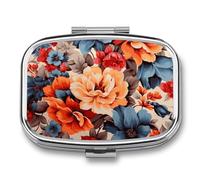 Floral Flower Print Pill Box 2 Compartment, Portable Pill Case with Mirror for Pocket Purse Travel, Mini Metal Medicine Organizer for Vitamins Fish Oil