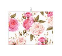 Floral Flower Rose Pink Printed Dish Drying Mat for Kitchen Counter 18 x 24 In Microfiber Dish Drying Pad Large Size Absorbent Dishes Drainer Mats