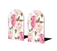 Floral Flower Rose Pink Printed Wooden Bookends - Set Of 2 Book Ends For Book Lovers & Organizers
