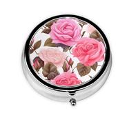 Floral Flower Rose Pink Round Pill Box - Full Print Design, Metal Electroplated Compact Medicine Case for Travel, Fits Pockets & Wallets