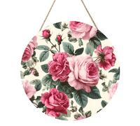 Floral Flower Rose Pink Round Wood Panel Painting 12 Inch Hanging Plaque Rustic Farmhouse Wall Art Home Decor with Rope