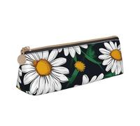 Floral Flowers Daisies Print Large Capacity Leather Pencil Case Smooth Zippered Pen Pouch School Travel Makeup