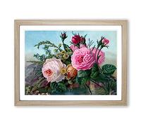 Floral Flowers Pink Roses Vintage Framed Print | A4 Oak Framed Wall Art | Ready to Hang | Classic Floral Picture | Living Room Bedroom Lounge Office