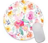 Floral Flowers Roses Mouse Pad, Bright Pink and Yellow Girly Watercolor Flowers Mouse Pad, Round Gaming Mouse Mat Waterproof Circular Small Mouse Pad Non-Slip Rubber MousePads for Office Laptop