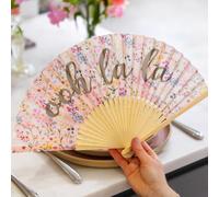 Talking Tables Foldable Folding Handheld Hand Fan Ditsy Floral Print and Reads ‘Ooh la’ in Calligraphy Text. Lightweight Bamboo.| Packed in Organza Bag |Designed in UK