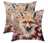Floral Fox Pillow Covers Set of 2, Peach Orange Fox Design Throw Pillows Case, Summer Decorative Square Rustic Decor Cushion Covers for Living Room Couch Chair 16x16 Inch