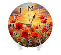 Floral Frameless Wall Clock Poppy Sunset Cloud Sky Nature Landscape Plants Flower Scenery Red Green PVC Silent Waterproof Bedroom Kitchen Round Wall Clock 10x10 Inch