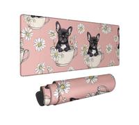 Floral French Dogs Large Mouse Pad, Peach Daisies Animal Design, Fun Spring Decorative Mouse Mat for Home and Office, Non-Slip Gaming Mousepad 12x32 Inch