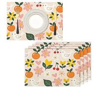 Floral Fruits Birds Table Fabric Placemats Set of 6, Durable Machine Washable Reusable Cartoon Style Cotton Linen Non-Slip Table mats for Party Holiday Decor and Everyday Use (45x30cm, Pink)
