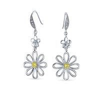 Floral Garden Wedding Canary Yellow Cubic Zirconia Accent Open Flower Shape CZ Daisy Dangle Earrings For Women French Wire Silver Plated