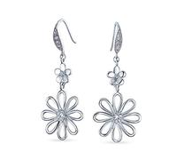 Floral Garden Wedding Canary Yellow Cubic Zirconia Accent Open Flower Shape CZ Daisy Dangle Earrings For Women French Wire Silver Plated