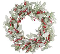 Floral Garland Pre-Lit Artificial Christmas Wreath Green Decorated with Pine Cones, Berry Clusters, Christmas Decoration for Doors Walls Decoration(45cm sheep ear leaf red fruit style)