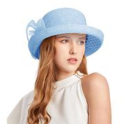 Floral Gauze Cap Elegant Womens Bride Wide Brim Sun Hat Ladies Summer Organza Church Wedding Hats for Bridal Party Large Ladies Fedoras Light Blue One Size