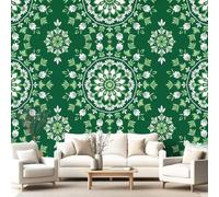Floral Geometric Wall Mural Wallpaper, Mandala Forest Green Wallpaper Decorative Wall Mural for Bedroom Study Living Room Home Decor Photo, 400 x 280 cm(W x H)
