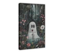 Floral Ghost with Glass of Wine in A Mysterious Forest Poster, Portrait Print, Bar Dark Academia, Halloween Decor, Flower Ghost 20x30inch(50x75cm) Frame