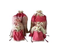 Floral Gift Bags Set with Drawstring, Pink and Red Rose Pattern with Check Squares, Reusable Cotton Fabric, Set of 3 Sizes - Small 13.5x20cm, Medium 21x28cm, Large 31x41cm