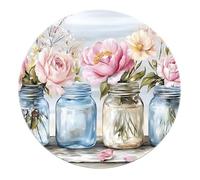 Floral Glass Jar Round Rug 200cm - Blue Pink White Boho Style Door Mat Non Slip Washable Soft for Kitchen Home Decor Dining Room Foyer