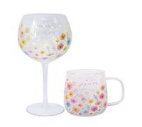 Floral Glassware Set 450Ml Coffee Mug & 600Ml Gin Glass I Love You Mum Gift 2Pcs