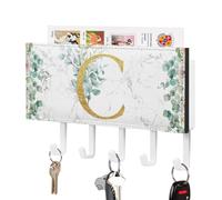 Floral Golden Letter C Key Holder English Alphabet Wall Mount Key Hanger Self Adhesive Key Hanging Rack Rustic Mail Holder Decorative for Home Office Entryway 7x4 Inch