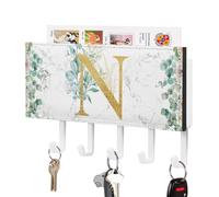Floral Golden Letter N Key Holder for Wall, English Alphabet Initial Mail Holder and Key Rack for Entryway,Rustic Key Hangers with 5 Hooks, Wall Mount for Entryway, Mudroom, Hallway