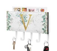 Floral Golden Letter V Key Holder English Alphabet Initial Wall Mount Key Hooks Holder Self Adhesive Key Hanger Organizer Classic Letter Holder Home Decor for Entryway Front Door