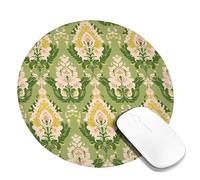 Floral Green Decorative Desk Mouse Pad, Elegant Peach Yellow Pattern Stitched Edge Mousepad, Rubber Non-Slip Washable Gaming Mouse Pad for Home and Office Round 8x8 Inch