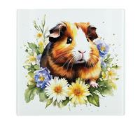 Floral Guinea Pig Large Square Glass Worktop Protector - Pet Animals & Flowers Nature Wildlife Gifts - Smooth Kitchen Chopping/Cutting Board Worktop Saver with Non-Slip Feet 30cm x 30cm (12" x 12")