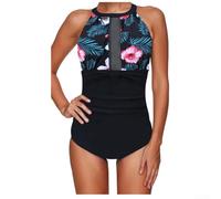 Floral Halter Mesh Swimsuit for Women Ruched Tummy Control Bathing Suit Vintage Print Pool Vacation Swimwear Size M-XXXXL(Green Flower L)