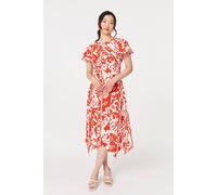 Izabel London Floral Hanky Hem Short Sleeve Midi Dress for Women UK with a Flared fit and Short Sleeves. Orange