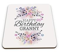 Floral Happy 90th Birthday Granny Novelty Funny Novelty Glossy Coaster