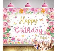 Floral Happy Birthday Backdrop for Girls 7x5FT Pink Watercolor Flowers Butterfly Photography Background Women Birthday Party Decorations Photo Props