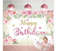 Floral Happy Birthday Backdrop Pink Rose Golden Glitter Spots Flower Garden Photography Background Women Girls Sweet Bday Proposal Party Decoration Banner (6X4FT (180x120cm))