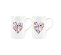 Floral Heart Anniversary Love Mug Set - Valentine Couples Mugs Gift Set - Bone China White Coffee/Tea Cup Drinkware Present Pack of 2