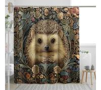 Floral Hedgehog Shower Curtain, Vintage Gold and Green Nature Decor for Bathroom, Autumn Winter Cozy Woodland Style Waterproof Fabric Shower Curtain Set with Hooks 62x72 Inch