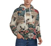Floral Hedgehogs Print Men'S Casual Hoodie Pullover, Thin Fleece Long Sleeve Loose Hooded Sweatshirt With Pocket And Comfortable Drawstring For Workout Black
