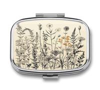 Floral Herbs Botanical Engraving Pill Box Medicine Pill Organizer Small Pill Case Travel Pill Container Portable Pill Case for Pocket 2 Compartment Pill Holder Pill Boxes for Travel
