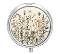 Floral Herbs Botanical Engraving Pill Box Round Portable Small Pill Case Waterproof Travel Pill Box Organizer for Pocket Purse and Daily Convenience