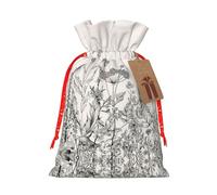 Floral Herbs Botanical Engraving Print Christmas Drawstring Gift Bag, Burlap Favor Pouch For Birthday And Holiday Celebrations-S Size