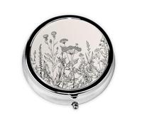 Floral Herbs Botanical Engraving Print Mini Metal Pill Box 2.0x2.0x0.7 in Round Travel Medicine Pill Organizer Box for Purse Pocket