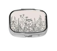 Floral Herbs Botanical Engraving Print Pill Box 2 Compartment Medicine Pill Case,Portable for Pocket Or Purse Pill Box Decorative Metal Medicine Organizer
