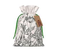 (Floral Herbs Botanical Engraving) Printed Christmas S Size Gift Bags with Green Ribbon Drawstring Candy Bags for Kids Xmas Holiday Christmas Eve Presents