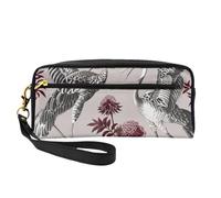 Floral Herbs Botanical Engraving Printed Leather Makeup Bags with Wrist Strap Portable Travel Toiletry Bag Cosmetic Organizer Bag for Women