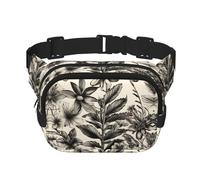 Floral Herbs Botanical Pattern Print Square Double Layer bag Waist Bag Trendy Pack Travel Bag with Adjustable Bel, Black, One Size