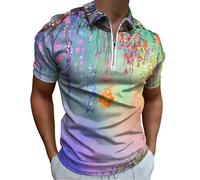 Floral Herbs Weeds Alternative Watercolor Men's Short Sleeve Polo Shirts Casual Zippered Golf Shirt Slim Fit T-Shirt Tops 2XL