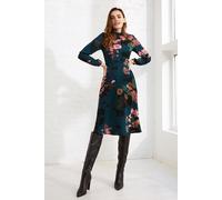 Izabel London Floral Long Sleeve High Neck Midi Dress for Women UK with an a-line Shape and a Keyhole Back. Teal