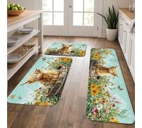 Floral Highland Cow Kitchen Mats for Floor, Vintage Botanical Soft Mats, Spring Cushioned Comfort Washable Non Slip Decor Rugs for Kitchen Sinks Laundryroom Bathroom 3pcs